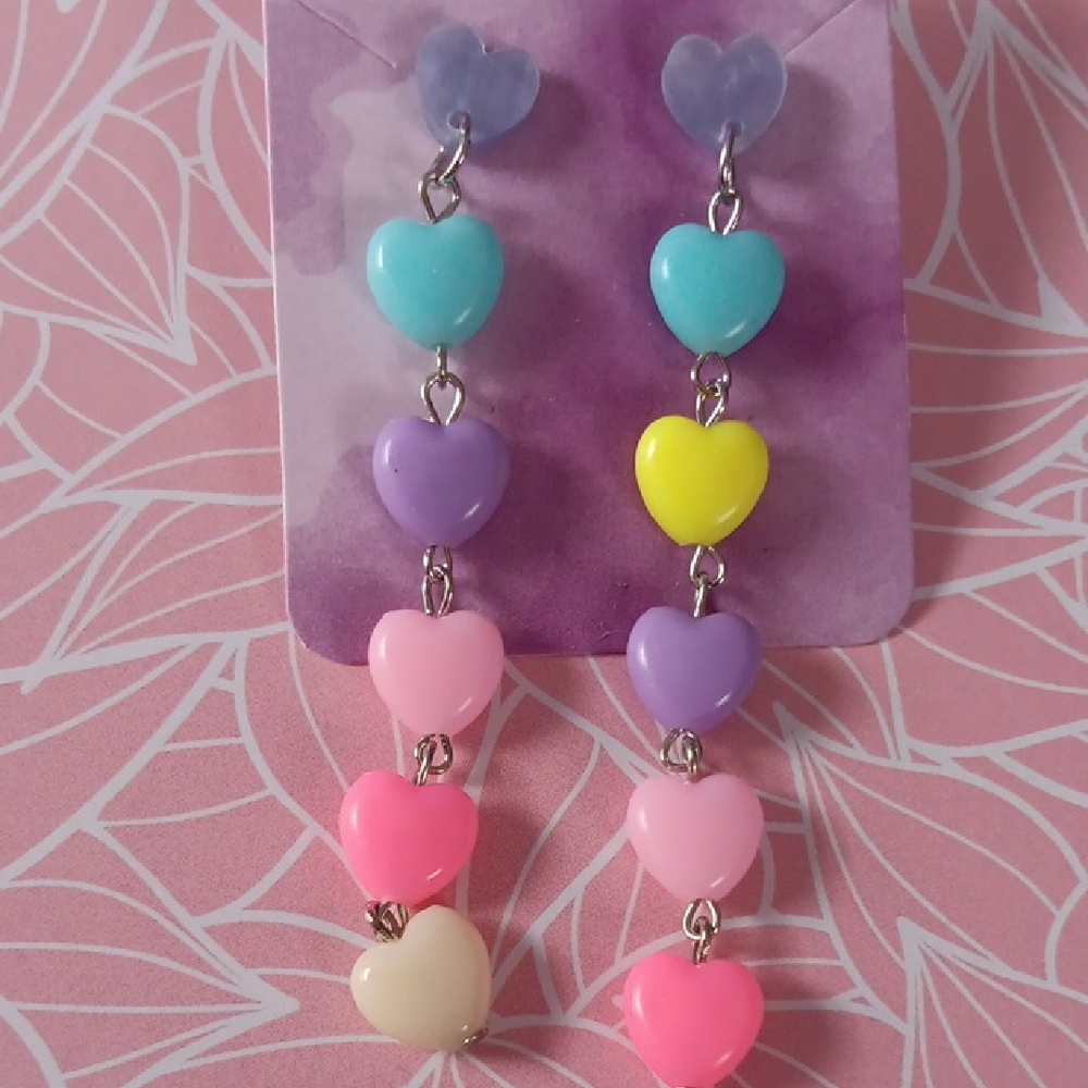 Girly Acrylic Pastel Heart Dangle Drop Earrings New!